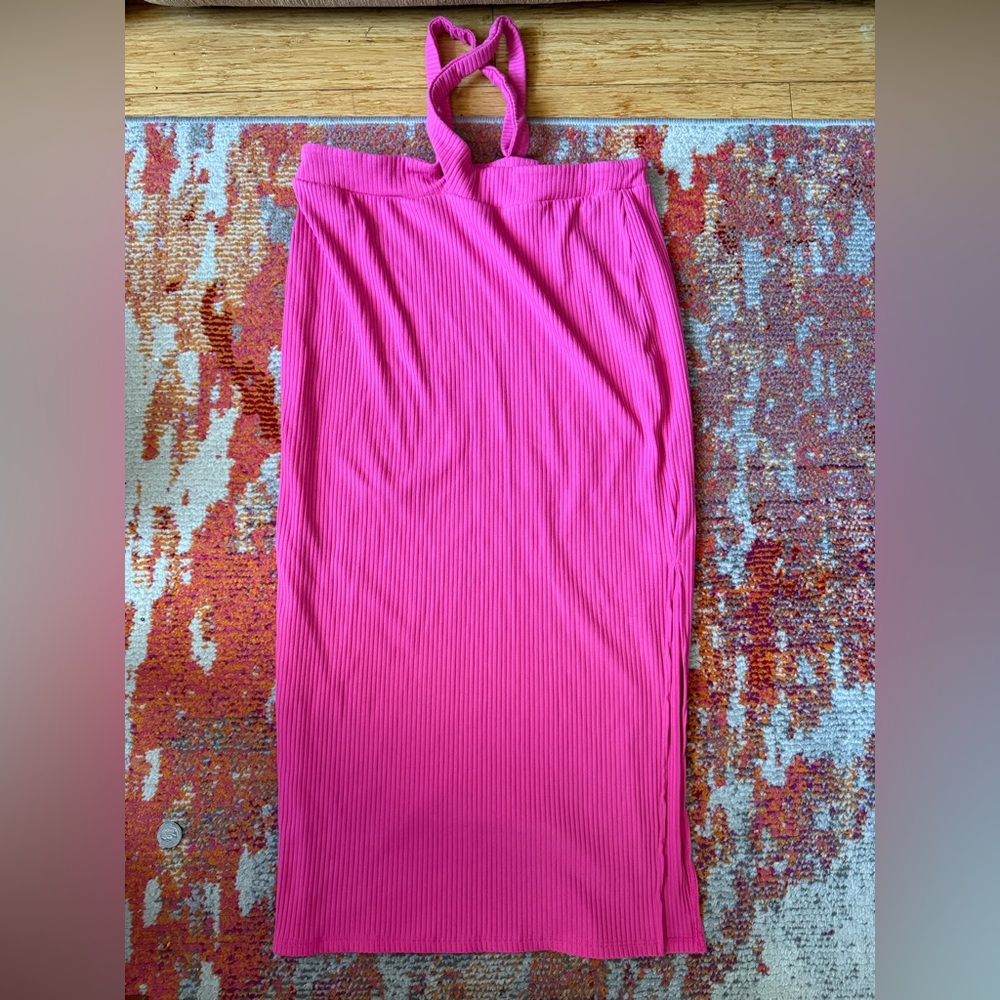 Pink Ribbed Women's Halter Dress